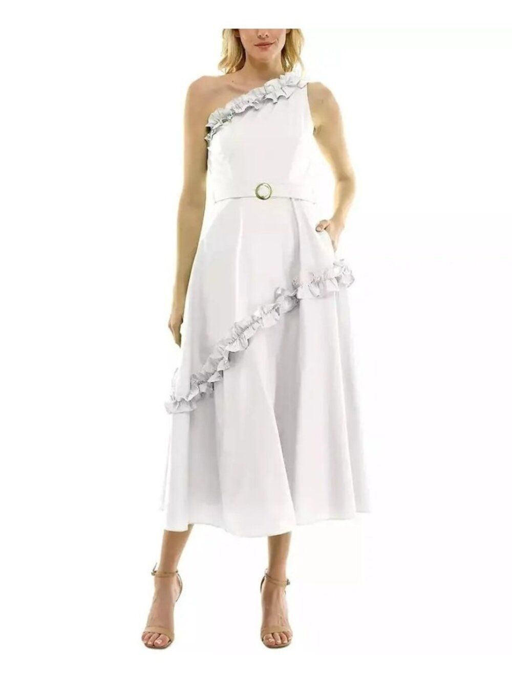 Taylor Women’s White Asymmetric Ruffle One Shoulder A-Line Dress Size 12